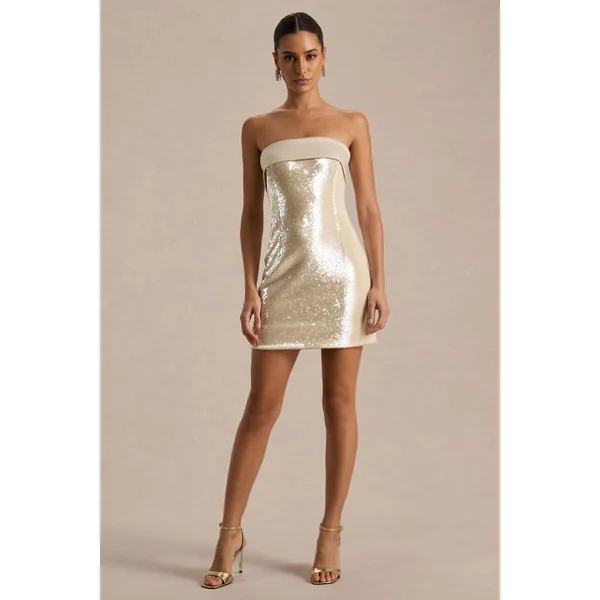 Casandra | Mini-robe bandeau en sequins champagne avec finitions en satin