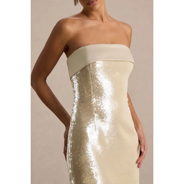 Casandra | Mini-robe bandeau en sequins champagne avec finitions en satin