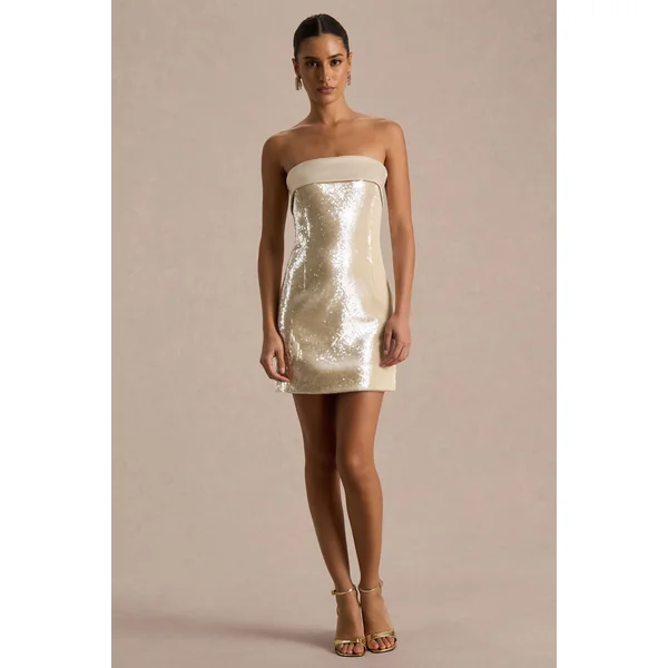 Casandra | Mini-robe bandeau en sequins champagne avec finitions en satin