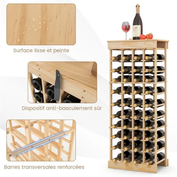 Casier à vin en Bois de Pin Etagère modulable et robuste pour 44 bouteilles de 9,5 cm de Dia. 46,4x27,6x113cm Naturel