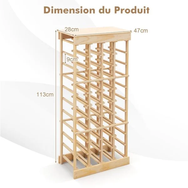 Casier à vin en Bois de Pin Etagère modulable et robuste pour 44 bouteilles de 9,5 cm de Dia. 46,4x27,6x113cm Naturel