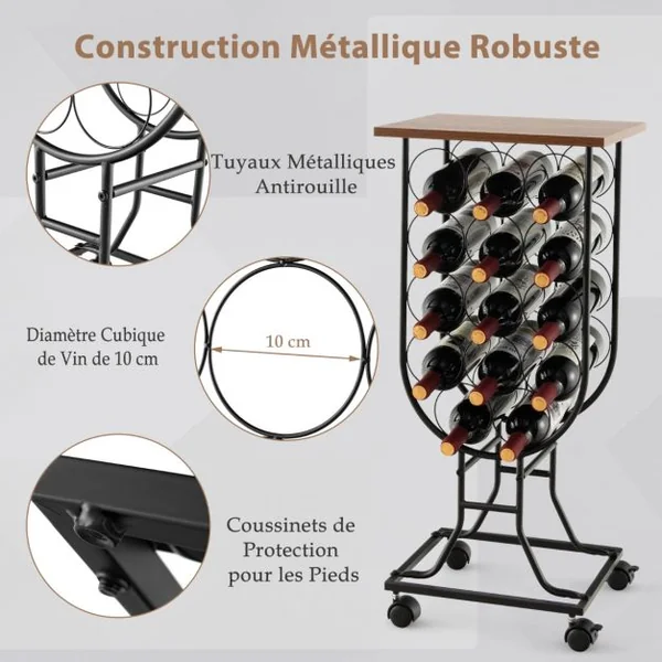 Casier à Vin Industriel en Métal pour 14 Bouteilles, Étagère à Vin Porte Bouteilles avec Roues Amovibles et Verrouillables