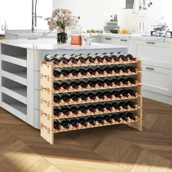 Casier à Vin Modulaire Empilable pour 60 Bouteilles Casier à Vin en Bois à 6 Niveaux Etagère de Présentation de Vin Autoportante Naturel