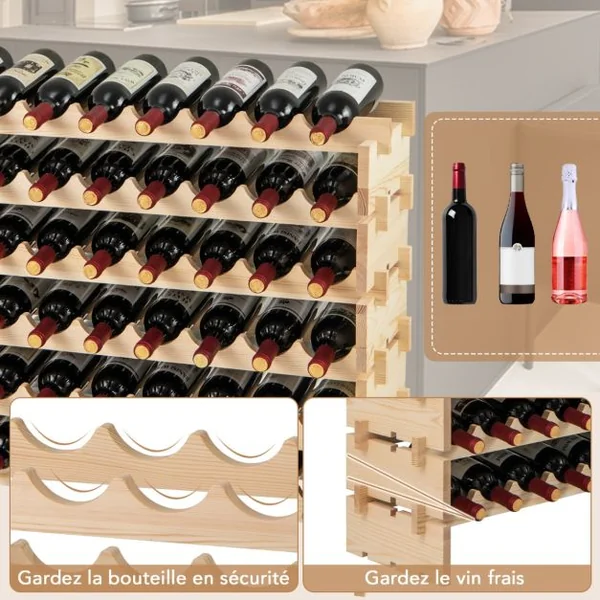 Casier à Vin Modulaire Empilable pour 60 Bouteilles Casier à Vin en Bois à 6 Niveaux Etagère de Présentation de Vin Autoportante Naturel