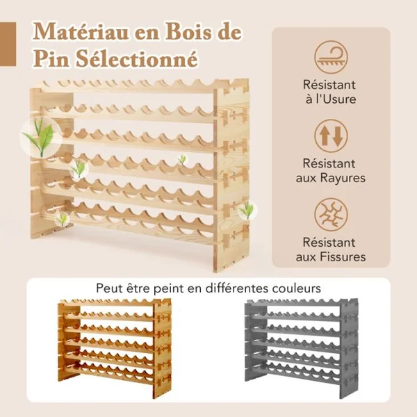 Casier à Vin Modulaire Empilable pour 60 Bouteilles Casier à Vin en Bois à 6 Niveaux Etagère de Présentation de Vin Autoportante Naturel