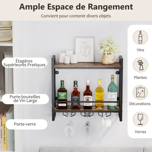 Casier à Vin Mural Industriel à 2 Niveaux avec Porte-gobelet en Métal Étagère de Rangement pour Cuisine Bar Salle à Manger