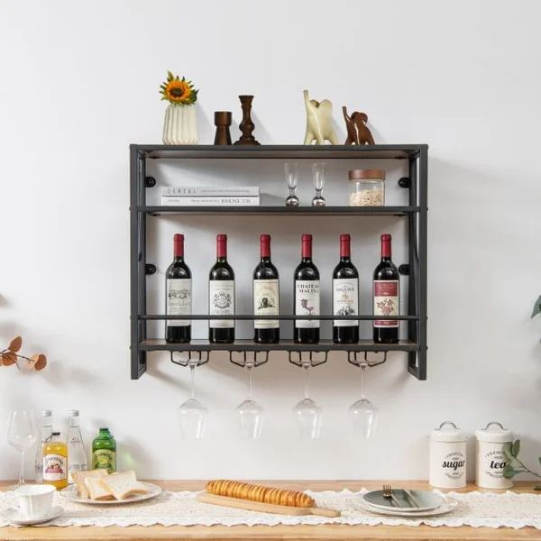 Casier à Vin Mural Industriel à 3 Niveaux avec Porte-gobelet en Métal Étagère de Rangement pour Cuisine Bar Salle à Manger
