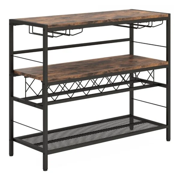 Casier à Vin à 4 Niveaux Table de Bar à Vin de 104cm avec Rangement 4 Rangées de Porte-verres pour 7 Bouteilles et 16 Verres Marron Rustique