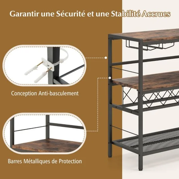 Casier à Vin à 4 Niveaux Table de Bar à Vin de 104cm avec Rangement 4 Rangées de Porte-verres pour 7 Bouteilles et 16 Verres Marron Rustique