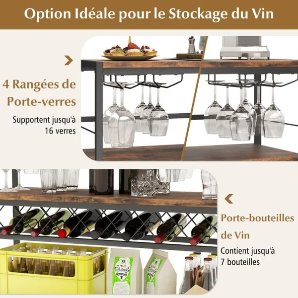 Casier à Vin à 4 Niveaux Table de Bar à Vin de 104cm avec Rangement 4 Rangées de Porte-verres pour 7 Bouteilles et 16 Verres Marron Rustique