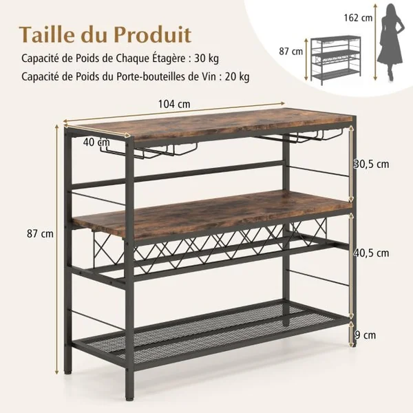 Casier à Vin à 4 Niveaux Table de Bar à Vin de 104cm avec Rangement 4 Rangées de Porte-verres pour 7 Bouteilles et 16 Verres Marron Rustique