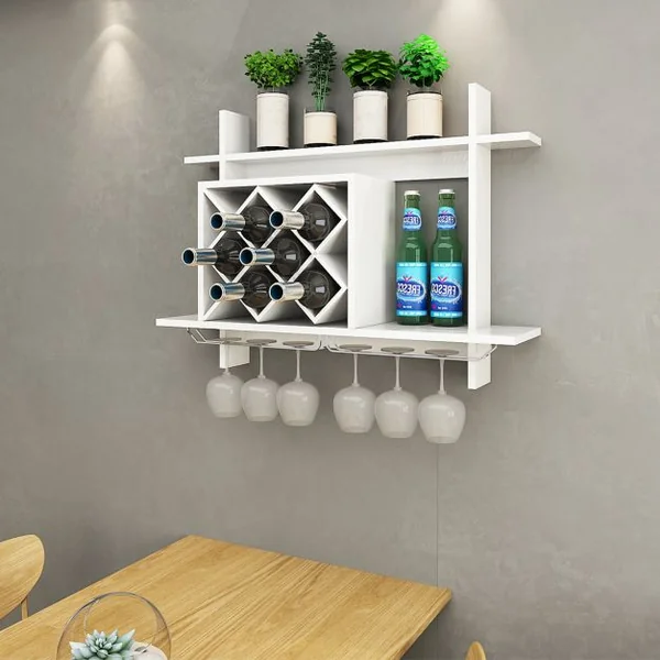 Casier à Vin Étagère à Bouteilles de Verre Support Mural 2 Étages Grande Capacité de Rangement en MDF, 80x58.5cm, Blanc