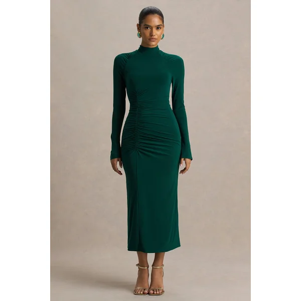 Cassandra | Robe mi-longue vert bouteille à col montant et manches longues
