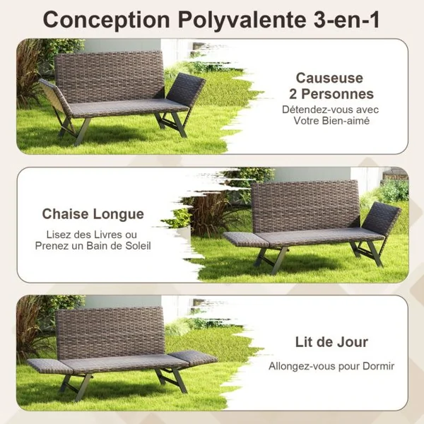 Causeuse Convertible de Terrasse pour 2 Personnes Rembourré en Mousse à Séchage Rapide Accoudoirs Réglables Capacité 300 Kg Gris