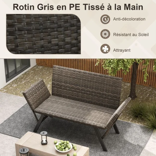 Causeuse Convertible de Terrasse pour 2 Personnes Rembourré en Mousse à Séchage Rapide Accoudoirs Réglables Capacité 300 Kg Gris