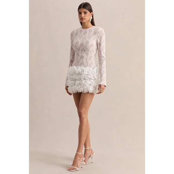 Cecilia | Mini-robe blanche à encolure ras du cou avec jupe à volants