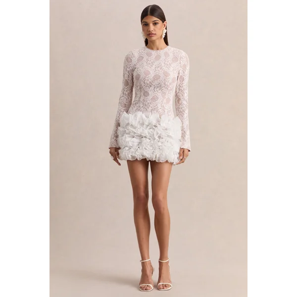 Cecilia | Mini-robe blanche à encolure ras du cou avec jupe à volants
