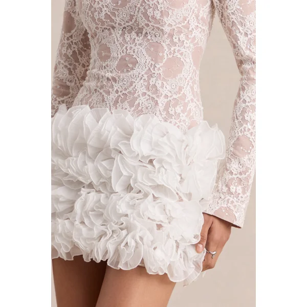 Cecilia | Mini-robe blanche à encolure ras du cou avec jupe à volants