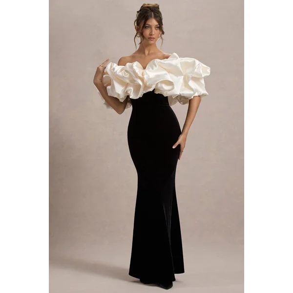 Cecily | Robe Longue Bardot en Velours Noir avec Finitions en Satin à Volants