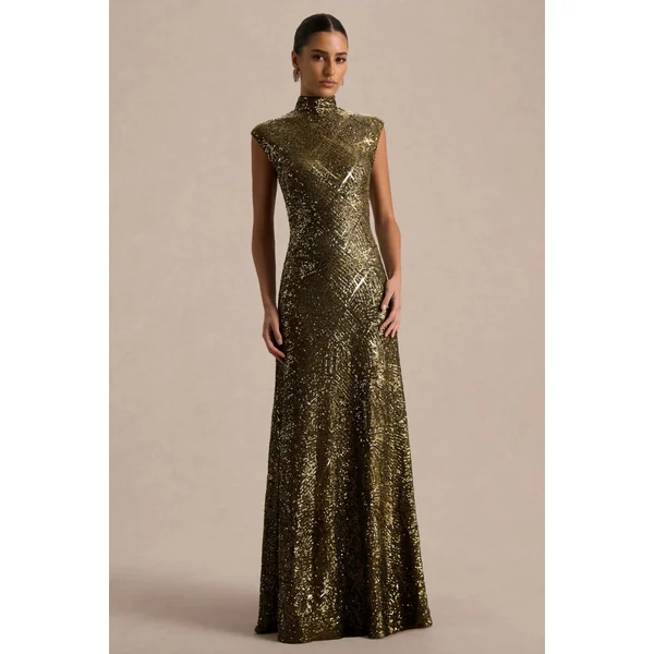 Cecy | Robe Longue en Sequins Kaki à Col Montant avec Manches Courtes