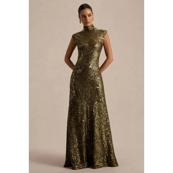 Cecy | Robe Longue en Sequins Kaki à Col Montant avec Manches Courtes