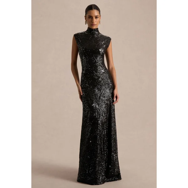 Cecy | Robe Longue en Sequins Noirs à Col Montant avec Manches Courtes