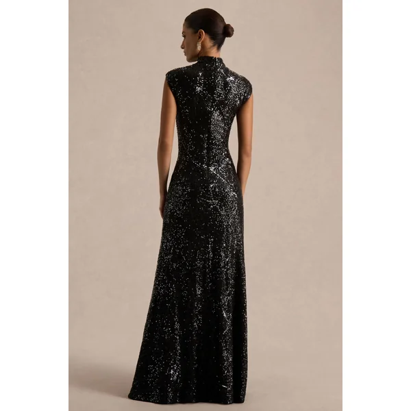 Cecy | Robe Longue en Sequins Noirs à Col Montant avec Manches Courtes