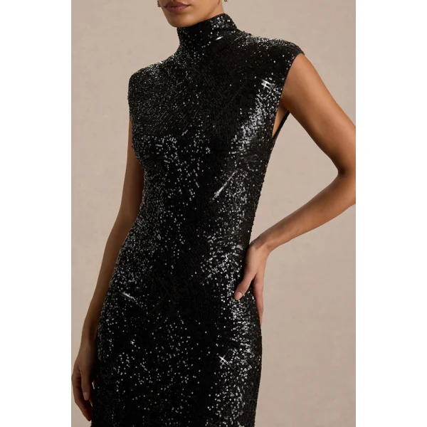 Cecy | Robe Longue en Sequins Noirs à Col Montant avec Manches Courtes