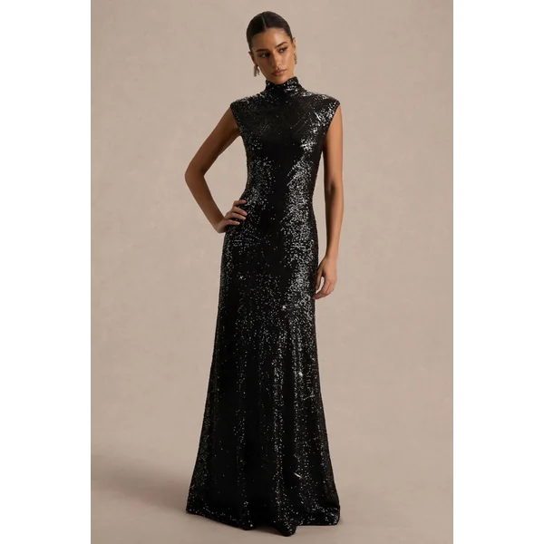 Cecy | Robe Longue en Sequins Noirs à Col Montant avec Manches Courtes