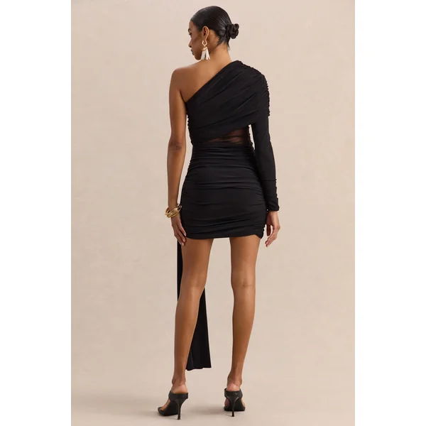 Celara | Mini-robe noire à encolure asymétrique avec détail en mesh et détail ceinture