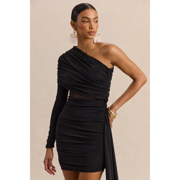 Celara | Mini-robe noire à encolure asymétrique avec détail en mesh et détail ceinture