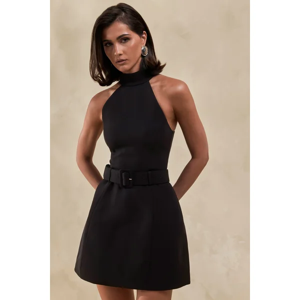 Celinda | Mini-robe noire à encolure dos nu avec détail ceinture