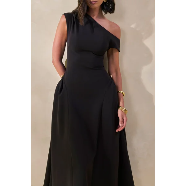 Celosia | Robe mi-longue noire à encolure asymétrique avec détails dorés