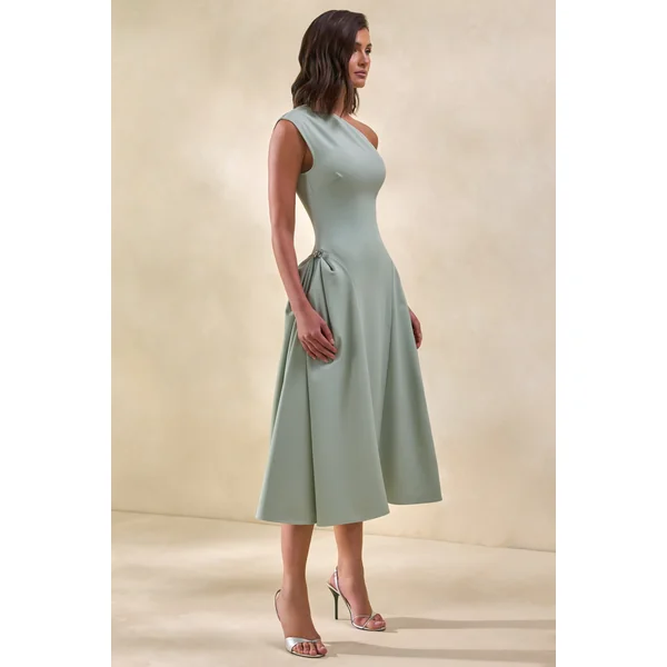 Celosia | Robe mi-longue sauge à encolure asymétrique avec détails argentés