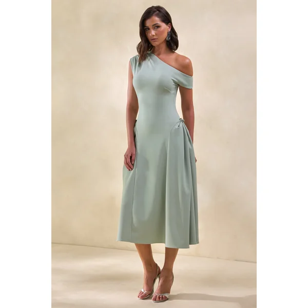 Celosia | Robe mi-longue sauge à encolure asymétrique avec détails argentés
