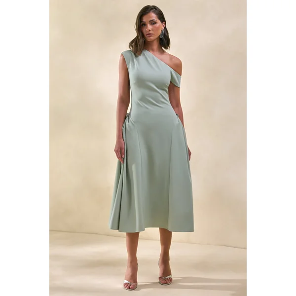 Celosia | Robe mi-longue sauge à encolure asymétrique avec détails argentés