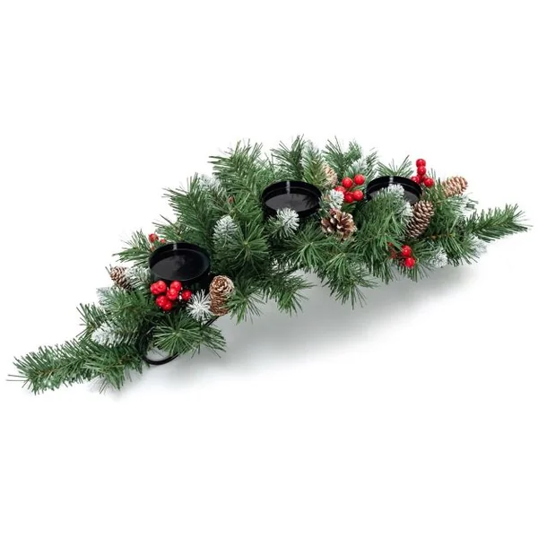 Centre de Table Noël 3 Bougeoirs Ø 8cm 7 Pommes de Pin 7 Grappes de Baies Rouges en Sapin Artificiel Branches Enneigées