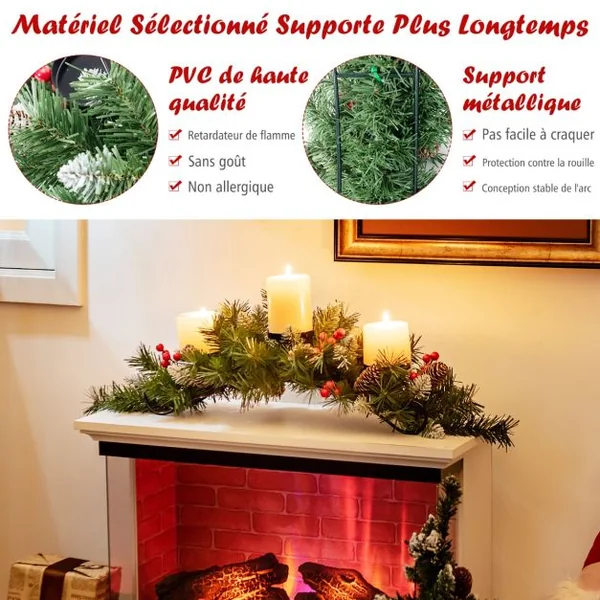 Centre de Table Noël 3 Bougeoirs Ø 8cm 7 Pommes de Pin 7 Grappes de Baies Rouges en Sapin Artificiel Branches Enneigées