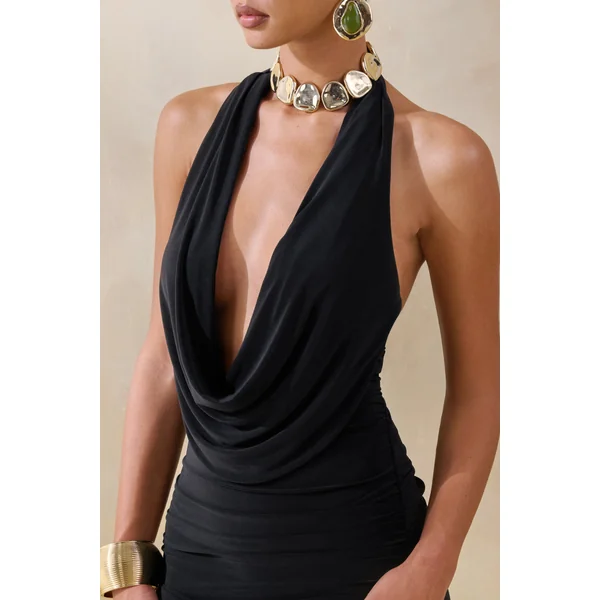 Centrepiece | Mini-robe noire à décolleté drapé effet portefeuille avec écharpe