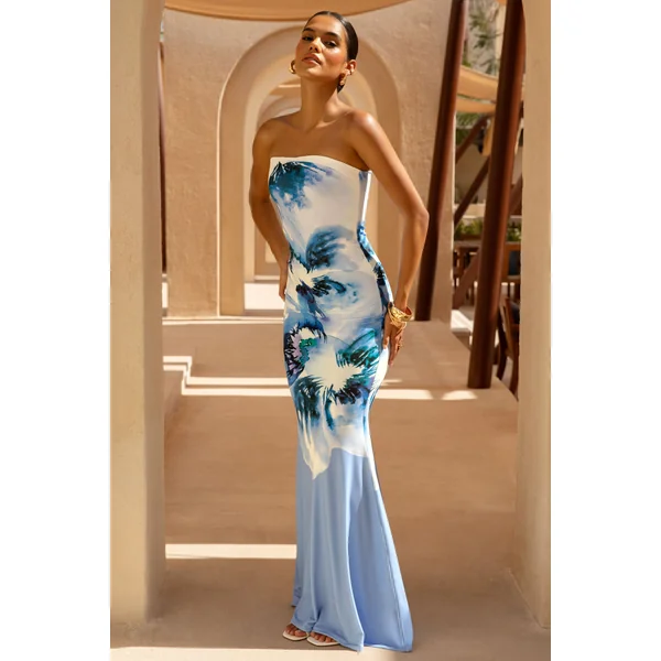 Ceremony | Robe longue bandeau à grand imprimé floral bleu