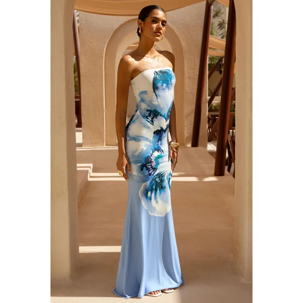 Ceremony | Robe longue bandeau à grand imprimé floral bleu