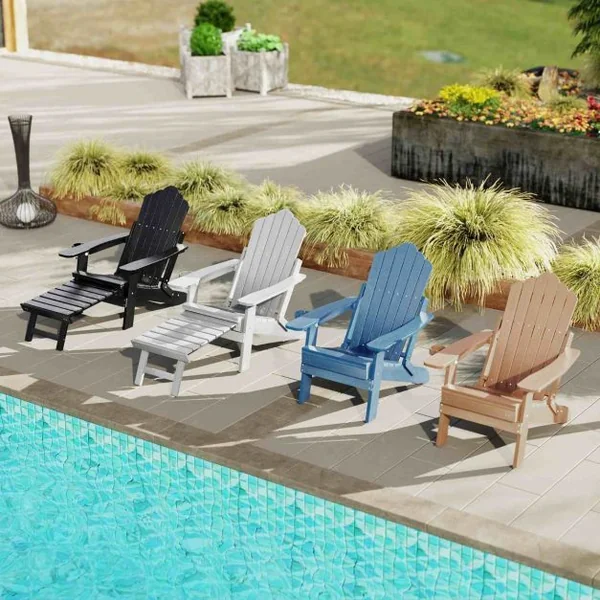Chaise Adirondack de Patio Chaise Longue Tout Temps HIPS avec Repose-Pieds Rétractable et Dossier Réglable Chaise Longue Pliable Noir
