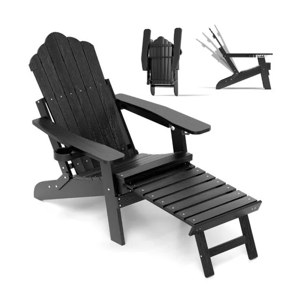 Chaise Adirondack de Patio Chaise Longue Tout Temps HIPS avec Repose-Pieds Rétractable et Dossier Réglable Chaise Longue Pliable Noir