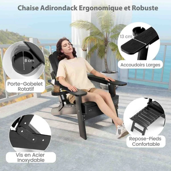 Chaise Adirondack de Patio Chaise Longue Tout Temps HIPS avec Repose-Pieds Rétractable et Dossier Réglable Chaise Longue Pliable Noir