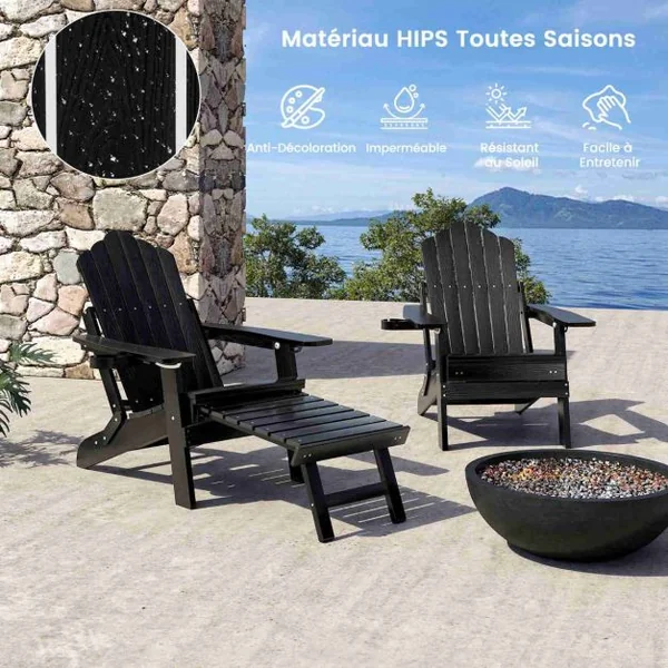 Chaise Adirondack de Patio Chaise Longue Tout Temps HIPS avec Repose-Pieds Rétractable et Dossier Réglable Chaise Longue Pliable Noir