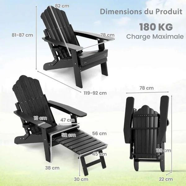 Chaise Adirondack de Patio Chaise Longue Tout Temps HIPS avec Repose-Pieds Rétractable et Dossier Réglable Chaise Longue Pliable Noir