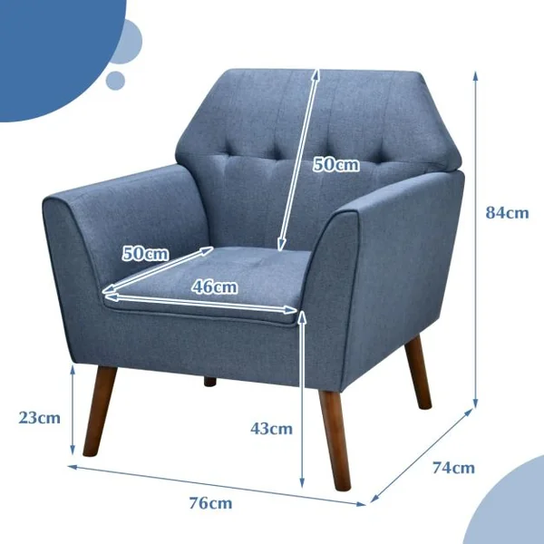 Chaise d’Appoint en Tissu Capitonné Canapé 1 Personne Rembourrée avec Pieds Antidérapants en Bois Fauteuil d’Appoint Bleu