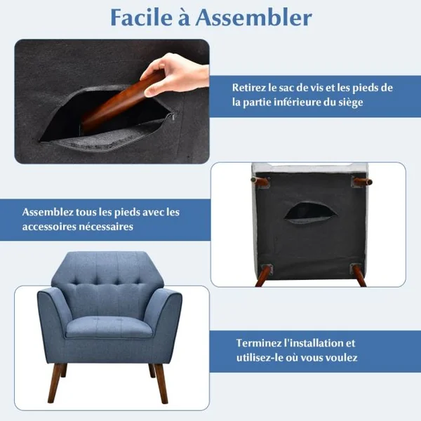 Chaise d’Appoint en Tissu Capitonné Canapé 1 Personne Rembourrée avec Pieds Antidérapants en Bois Fauteuil d’Appoint Bleu
