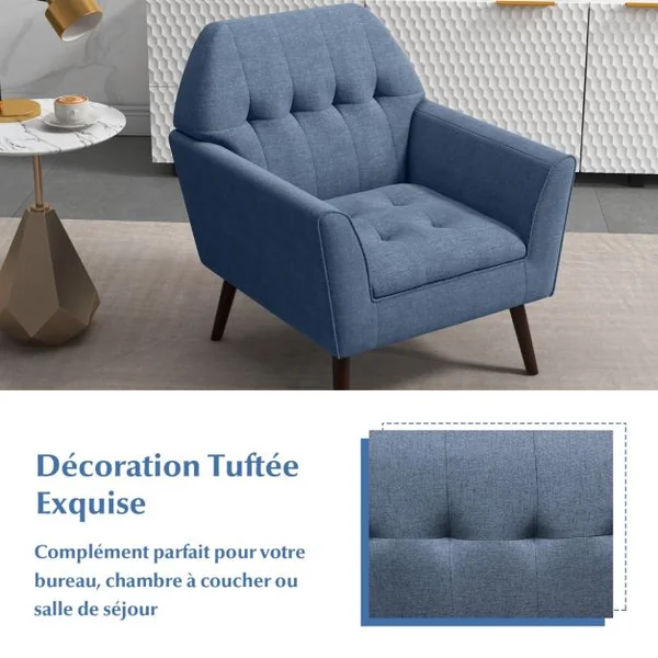 Chaise d’Appoint en Tissu Capitonné Canapé 1 Personne Rembourrée avec Pieds Antidérapants en Bois Fauteuil d’Appoint Bleu