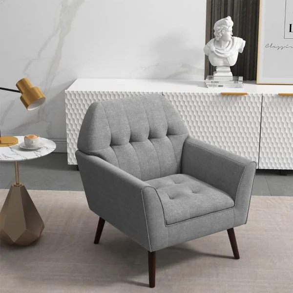 Chaise d’Appoint en Tissu Capitonné Canapé 1 Personne Rembourrée avec Pieds Antidérapants en Bois Fauteuil d’Appoint Gris